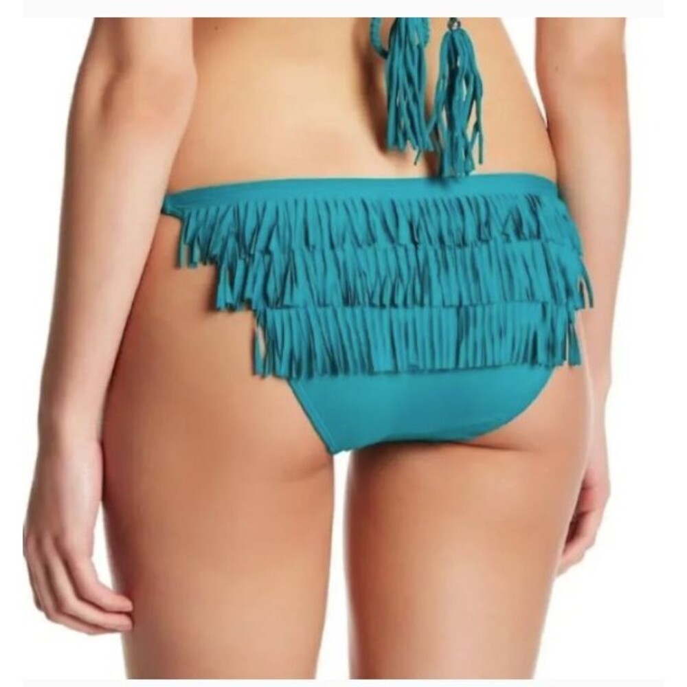 Despi Swimwear Bikini bottoms Tiered Braided fringe Side ties Tassel Teal Sz L
